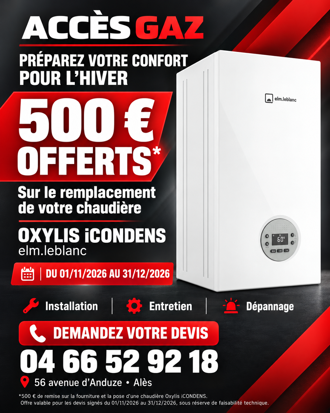 Offre Accès Gaz : chaudière elm.leblanc Oxylis iCONDENS, 500 euros de remise, du 1er novembre au 31 décembre 2026.