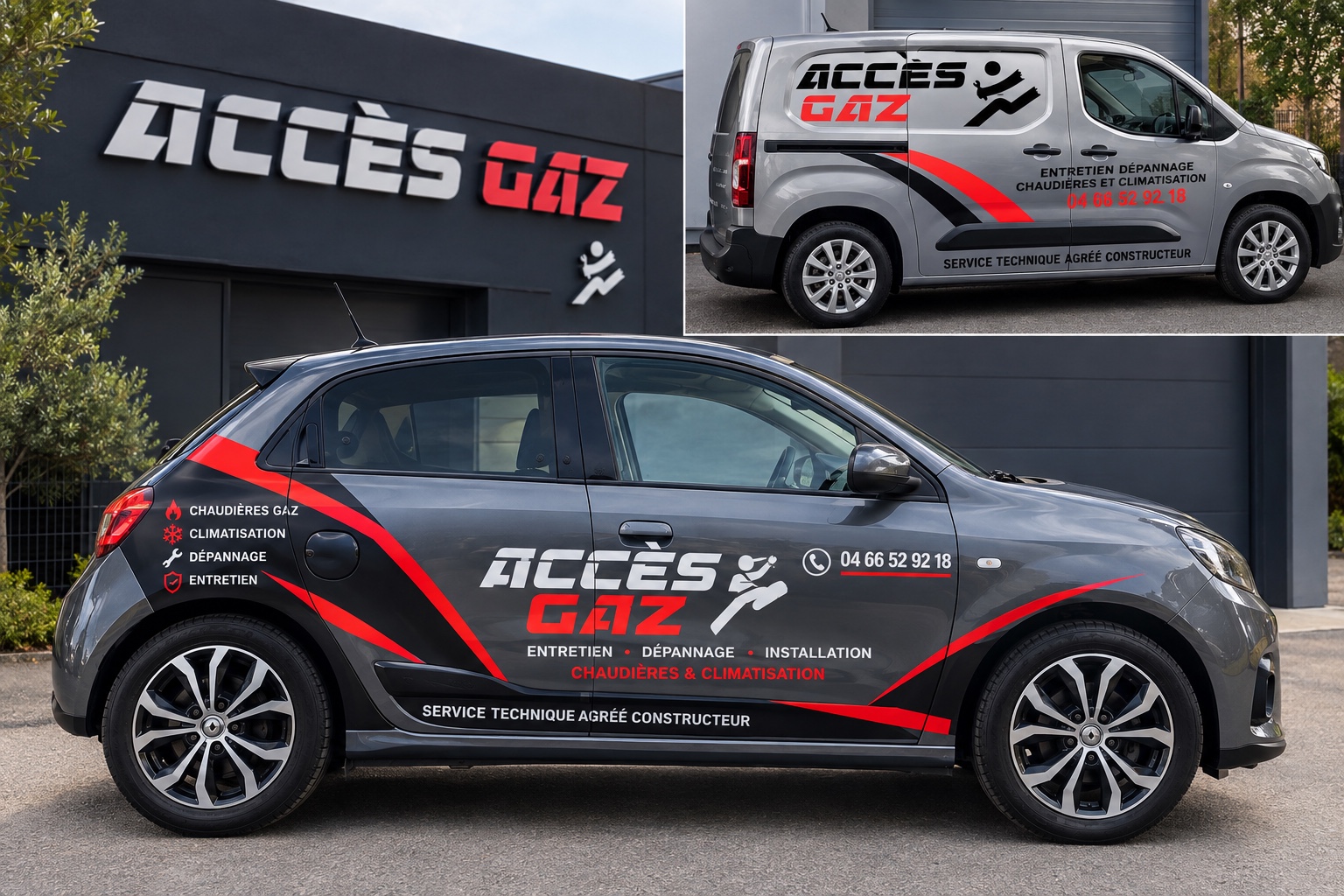 Véhicules Accès Gaz aux couleurs gris anthracite, rouge et blanc